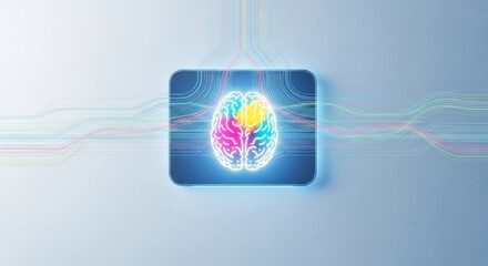 Dynamic digital brain visualization with colorful data streams representing innovation and intelligence