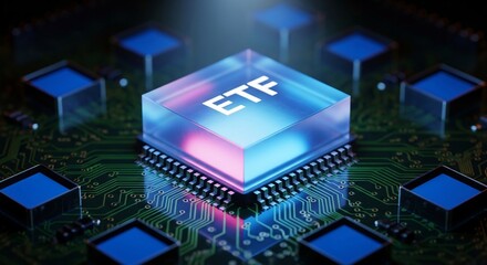 Futuristic ETF chip on glowing circuit board symbolizes financial technology and investment innovation