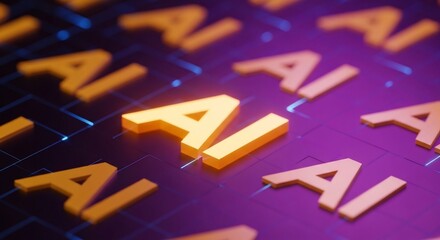 Dynamic AI technology concept with glowing orange letters on a futuristic purple digital grid