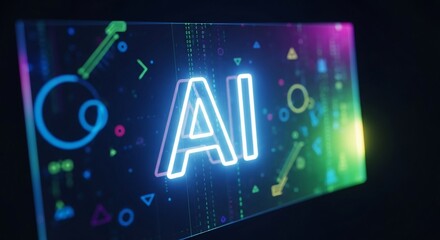 Vibrant neon AI text glows amidst abstract digital shapes and binary code, representing innovation.
