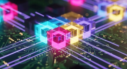 Vibrant digital cubes connect across circuit board, symbolizing futuristic data flow and innovation