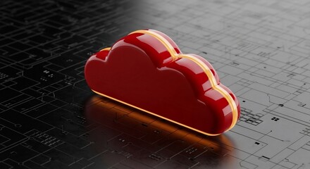 Bold red cloud symbol glowing with warm light on a futuristic circuit board surface