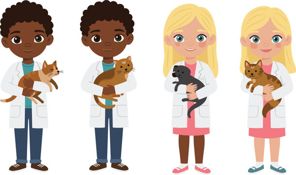 children, diversity, cartoon, veterinary, science, cats, labcoat, teamwork, smile, pet, animal, STEM, doctor, future, illustration - Powered by Adobe