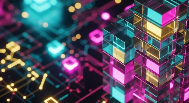 Abstract digital network with glowing neon cubes and circuit lines - Powered by Adobe