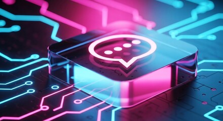 Vibrant neon circuits illuminate a glowing chat bubble icon, symbolizing digital communication and connection.