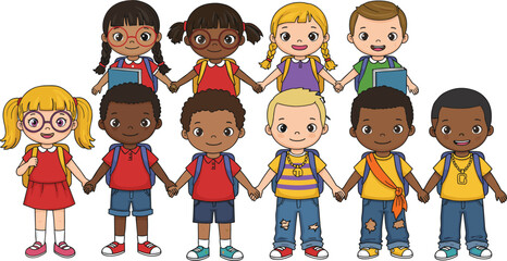 Cartoon children holding hands, diverse outfits, smiling faces, school backpacks, unity, friendship, colorful clothing, happy kids, flat vector, cad drawing illustration