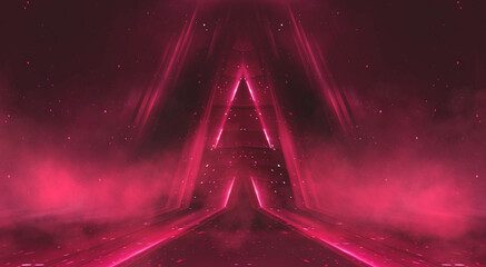 Fototapeta premium Empty stage with bright red neon lights and smoke. Red spotlights, beams, and glare in a dark, dramatic studio.