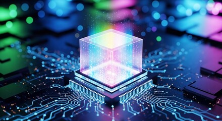 Stunning digital cube glows with vibrant energy on futuristic circuit board, symbolizing data innovation