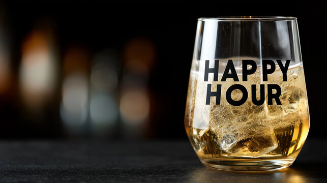 Close up, Illuminated beer glass with "HAPPY HOUR" text on black wall