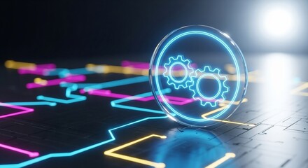 Dynamic neon gears icon on circuit board with vibrant data streams, representing innovation and technology.