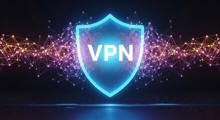 Secure your digital world with a glowing VPN shield amidst a vibrant network of data connections