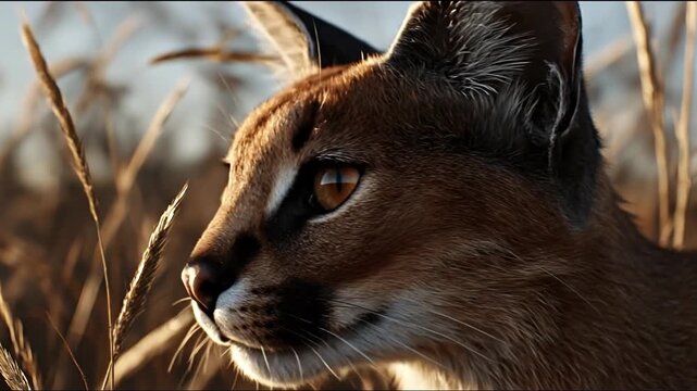 Close up of a caracal cat in a field of tall grass with sunlight