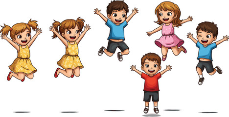 Happy cartoon children jumping, joyful kids illustration, playful childhood moment, colorful vector art, flat style, fun, energetic, smiling faces, outdoor scene