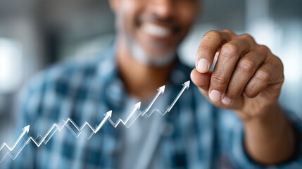 Faceless person adjusting 3D holographic graph with upward movement arrows, blurred background with blue tones representing financial progress in 2026, with copy space.