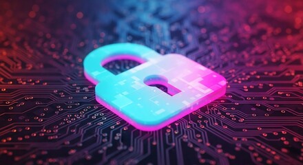 Secure digital data protection with glowing padlock on circuit board