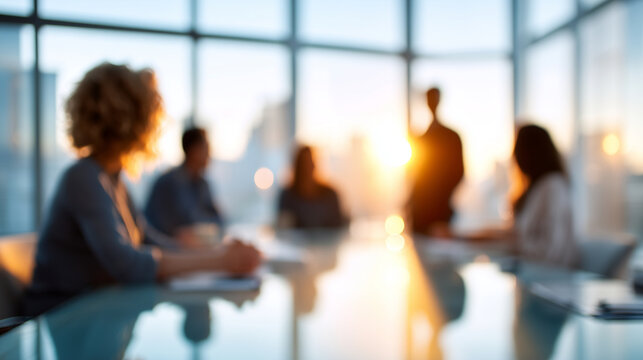 Defocused corporate interior, faceless professionals exchanging ideas under soft morning light, representing teamwork and adaptability in 2026, with copy space.
