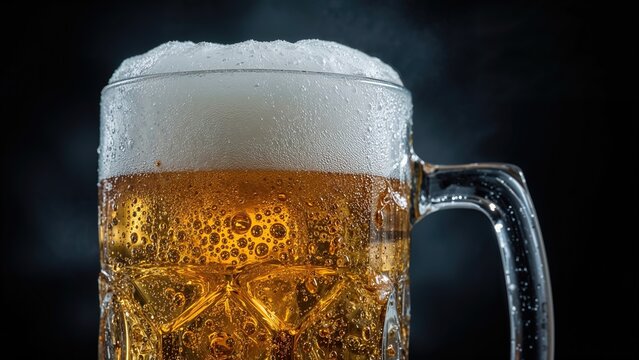 Close-up of a beer mug filled with frothy beer against dark background.