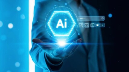 Businessman holding a glowing ai hexagon and search bar interface motion animated video - Powered by Adobe