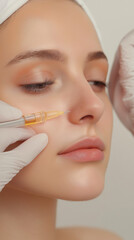Young woman receiving facial treatment with syringe in clinic  