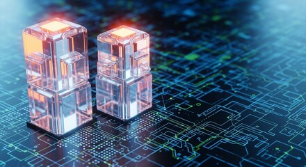 Futuristic digital data blocks glowing with energy on a circuit board background