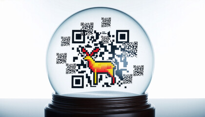 Digital Holiday Magic Pixel Reindeer QR Code Encapsulated in a Modern Christmas Snow Globe on White