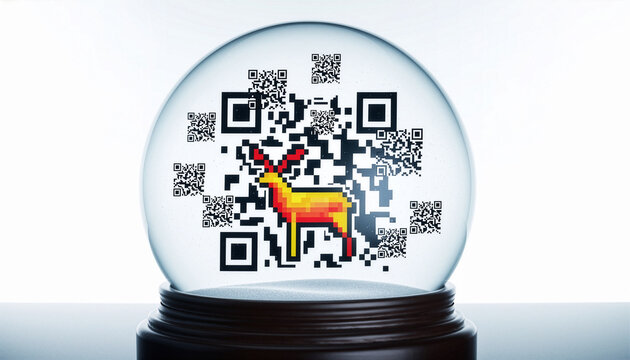 Digital Holiday Magic Pixel Reindeer QR Code Encapsulated in a Modern Christmas Snow Globe on White - Powered by Adobe