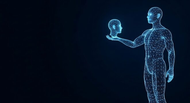 Futuristic digital man holding a wireframe human head, symbolizing AI, innovation, and human consciousness. - Powered by Adobe