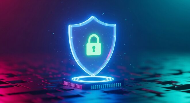 Digital shield with glowing padlock symbolizes cybersecurity and data protection in a futuristic network - Powered by Adobe