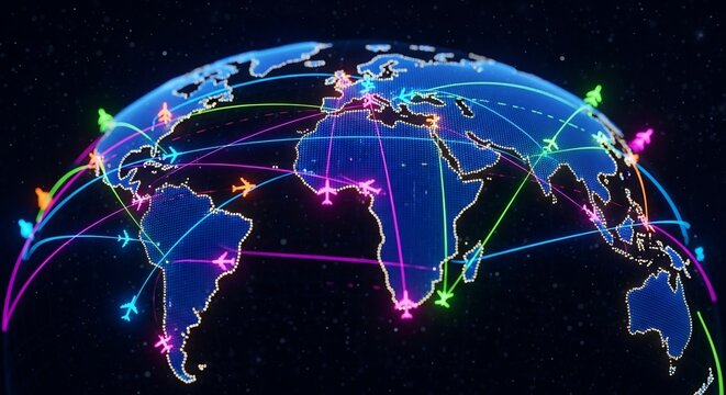 Dynamic global flight network connects continents with vibrant airplane routes and glowing world map - Powered by Adobe