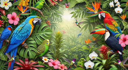 Colorful Parrot and Tropical Birds in 3D Garden Wallpaper, 3D Relief Mural, 3D Wallpapers, 3d Floral art, 3D Wall Mural, 3D Floral Background.
