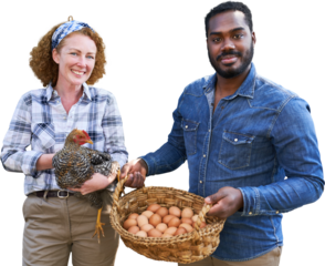 Farmers with eggs and chicken