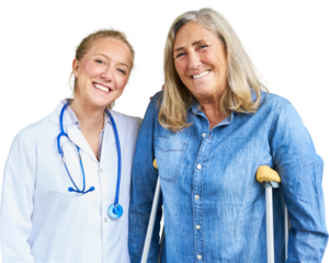 Doctor with happy senior woman on crutches