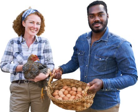 Farmers with eggs and chicken