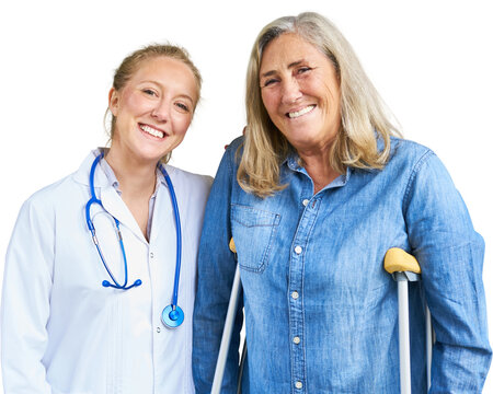 Doctor with happy senior woman on crutches