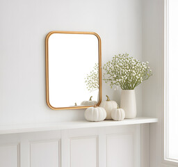 Elegant mirror and autumn decor on a white shelf