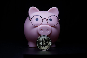 A pig wearing glasses sits on a table with a coin on top of it