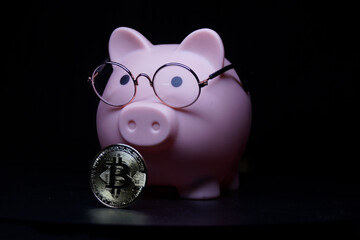 A pig wearing glasses sits next to a coin with the letter B on it