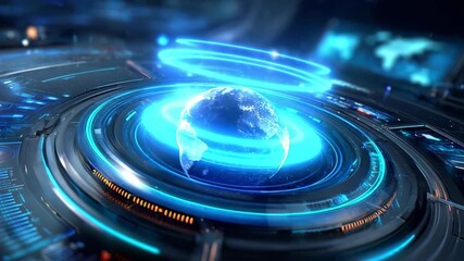 Futuristic holographic globe with glowing blue rings and data streams, representing global technology - Powered by Adobe