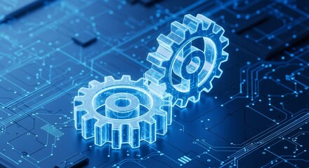 Gleaming blue gears mesh smoothly on a digital circuit board, symbolizing innovation and interconnected systems