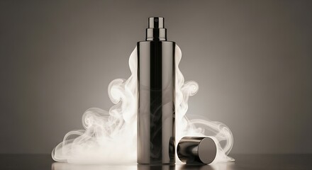 Sleek black cosmetic spray bottle enveloped in white mystic smoke