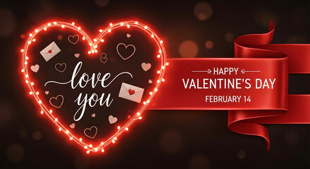 Glowing neon heart with love you message and happy valentine s day ribbon