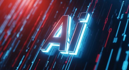 Dynamic AI concept with glowing neon text and digital data streams creating futuristic technology visuals