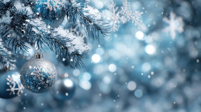 abstract bright blue christmas holiday background with snowflake bokeh light design snowcovered christmas tree branch with frost and silver baubles