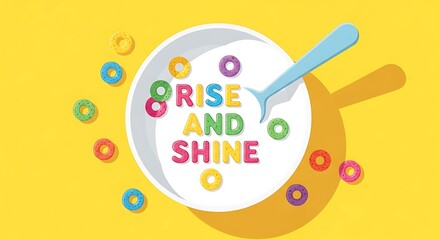 Bright breakfast cereal with rise and shine message in a bowl
