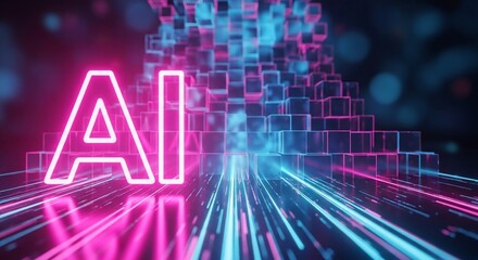 Dynamic AI concept with neon glow and digital grid, representing future technology and innovation