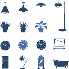 Flat vector illustration of home furniture icons, lamps, plants, clocks, bathtub, mirror, refrigerator, interior design, household decoration concept