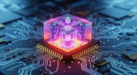 Advanced AI chip processing complex data with vibrant neon lights on a futuristic circuit board