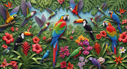 Colorful Parrot and Tropical Birds in 3D Garden Wallpaper, 3D Relief Mural, 3D Wallpapers, 3d Floral art, 3D Wall Mural, 3D Floral Background.