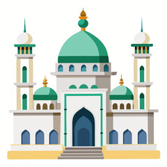 Fototapeta premium Islamic white mosque building with traditional architecture, domes, arches and ornate decorations. Isolated vector illustration on white background. Front view