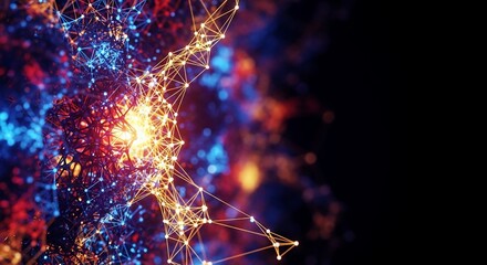 Dynamic abstract network of glowing particles and lines represents data connections and digital innovation